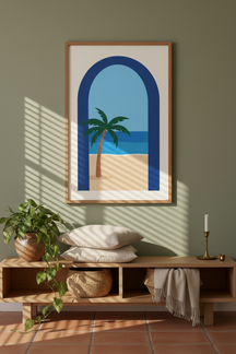 Tropical Archway Beach Art Print shown framed in a modern room setting