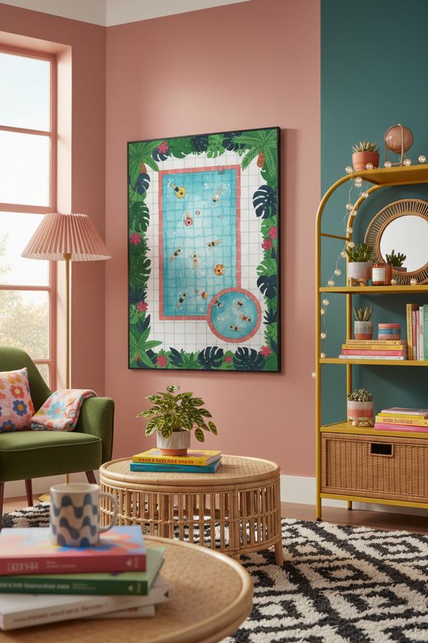 Tropical Pool Party Illustration Art Print shown framed in a modern room setting