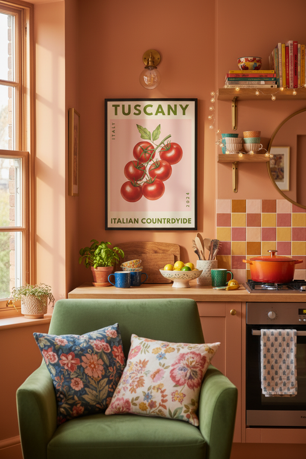 Tuscan Tomato Vine Art Print shown framed in a modern room setting