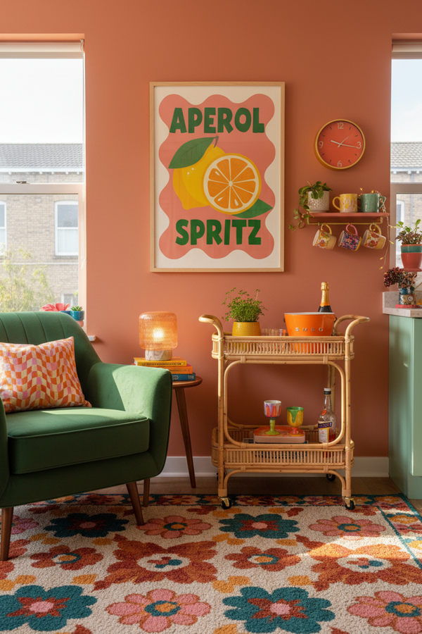 Vibrant Aperol Spritz Cocktail Art Print shown framed in a modern room setting