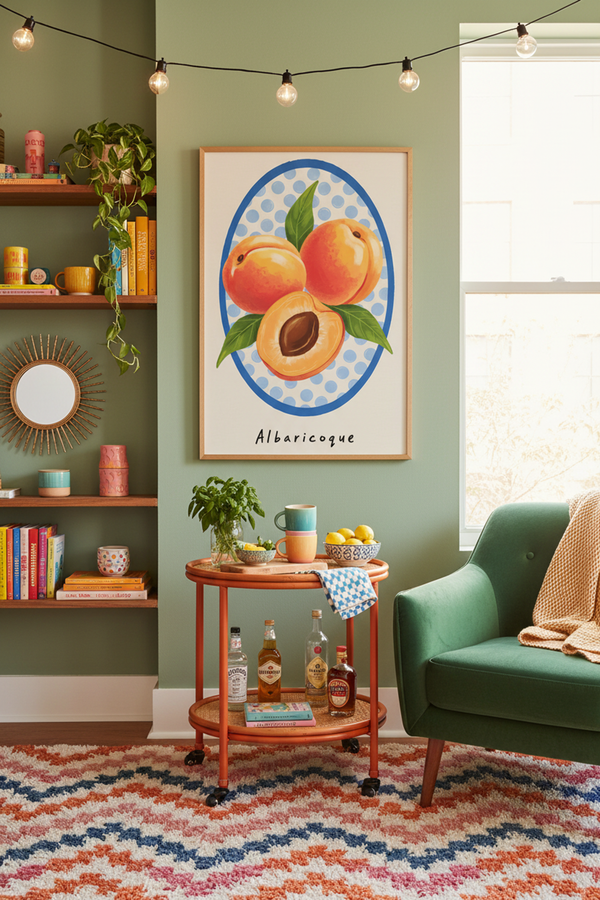 Vibrant Apricot Fruit Art Print shown framed in a modern room setting