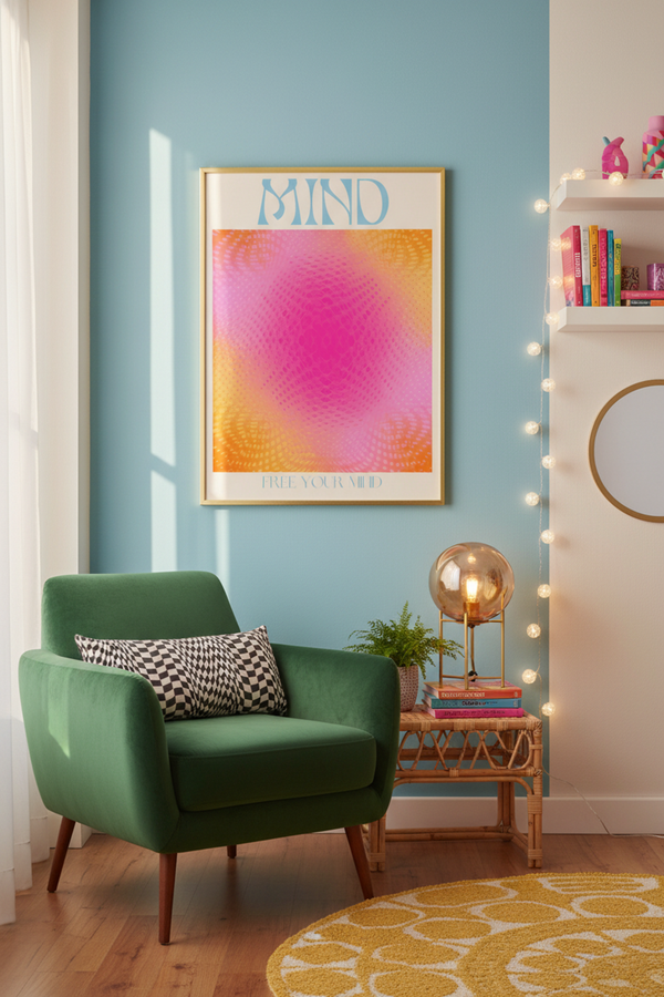 Vibrant Aura Gradient Typography Art Print shown framed in a modern room setting