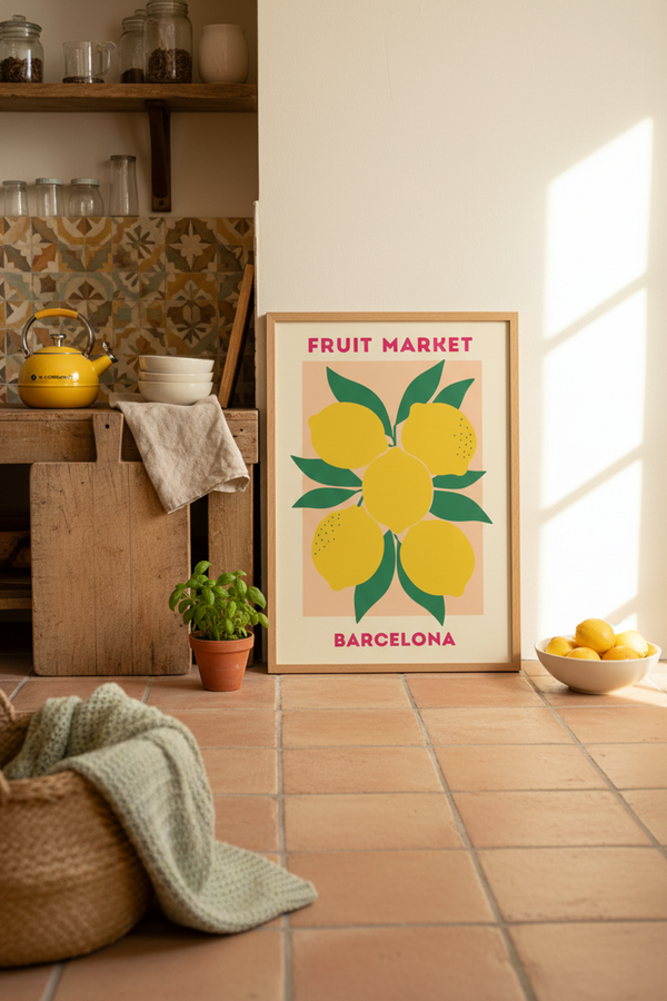 Vibrant Barcelona Lemon Art Print shown framed in a modern room setting