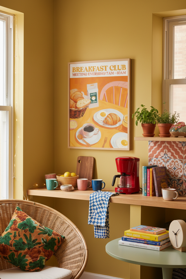 Vibrant Breakfast Club Art Print shown framed in a modern room setting
