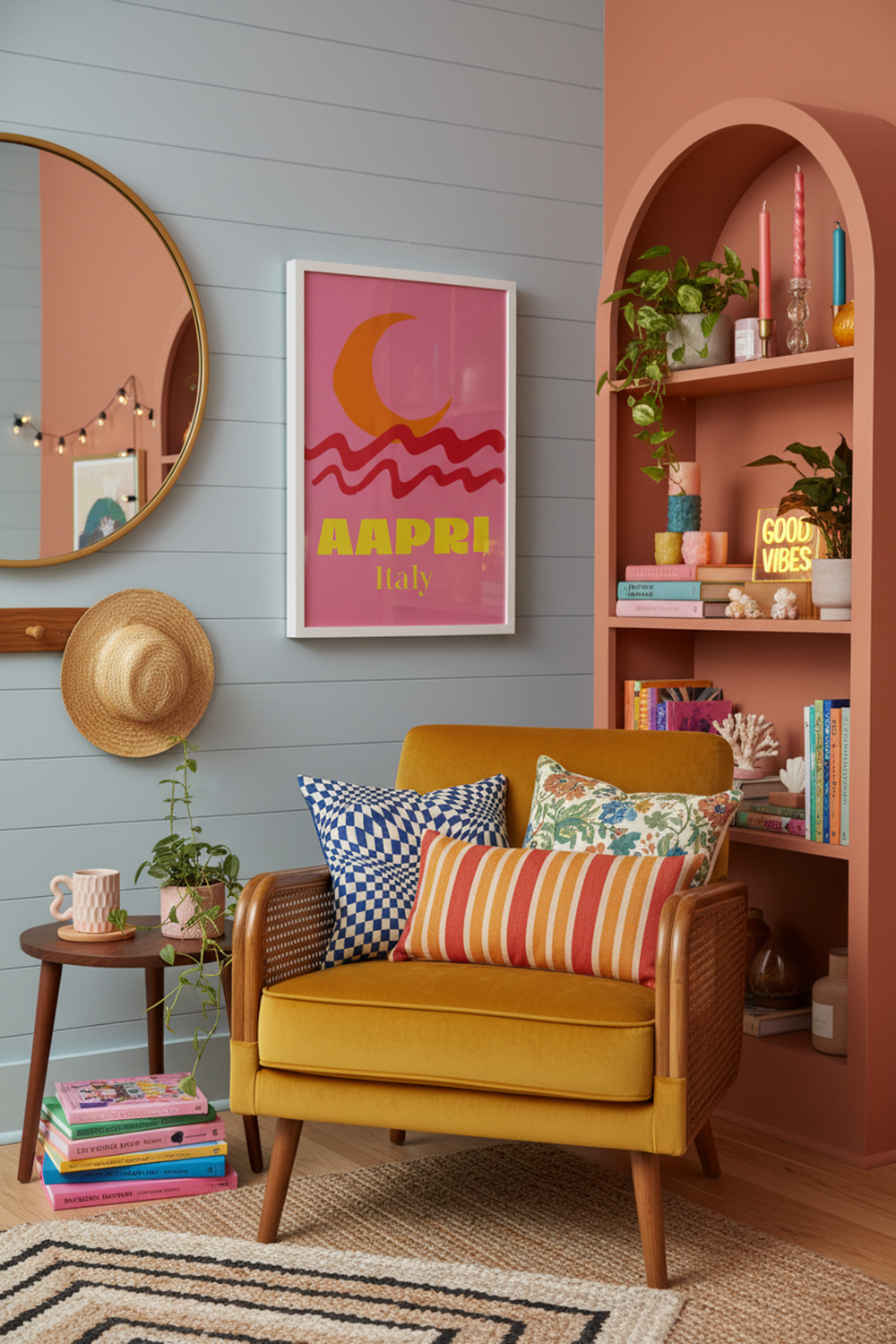 Vibrant Capri Italy Travel Art Print shown framed in a modern room setting