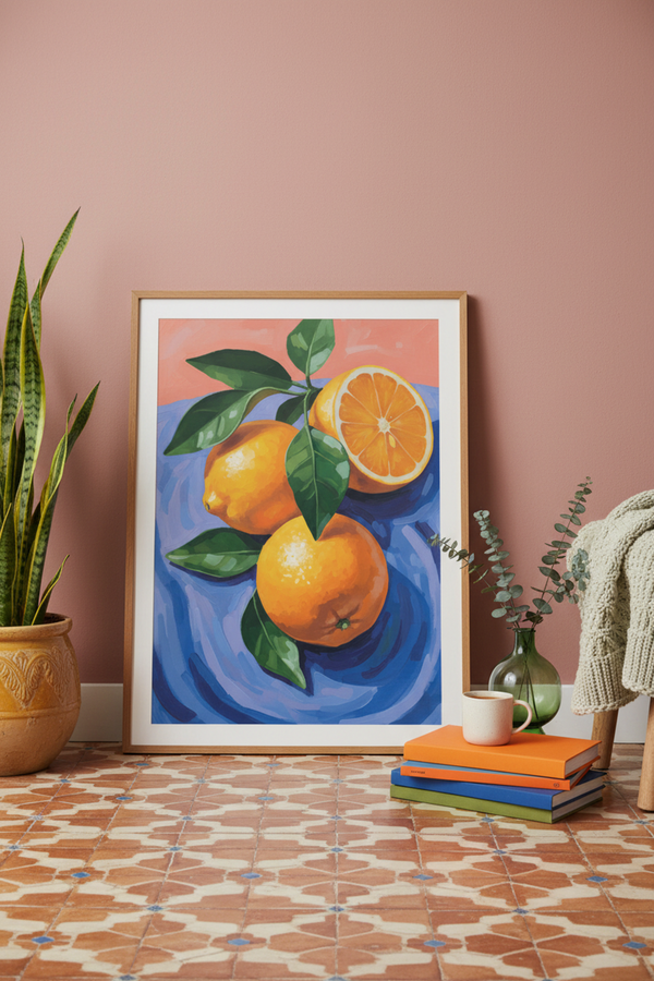 Vibrant Citrus Fruit Art Print shown framed in a modern room setting