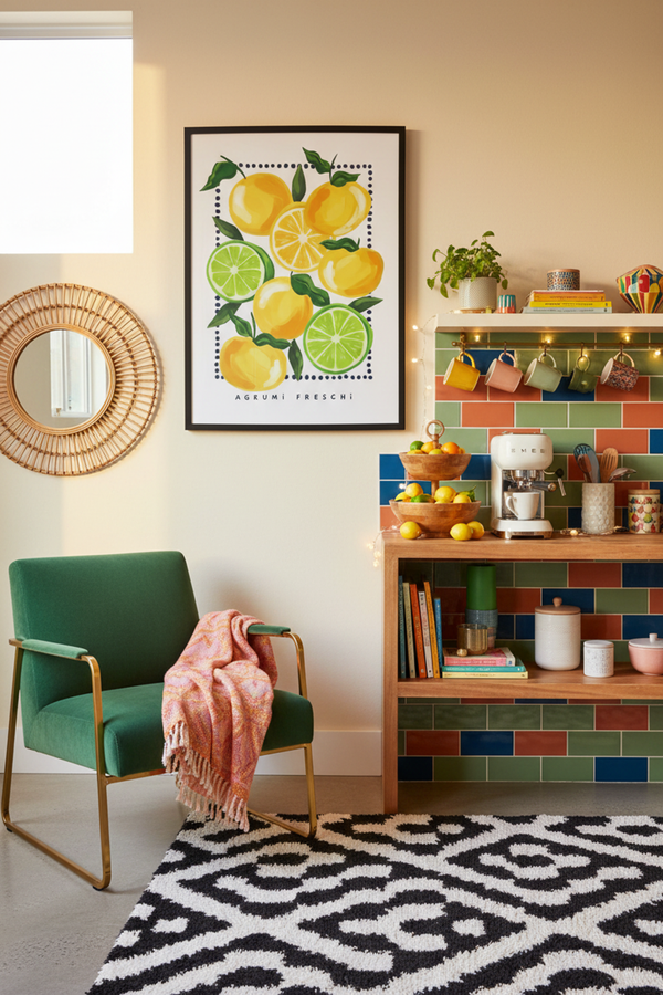Vibrant Citrus Fruits Art Print shown framed in a modern room setting