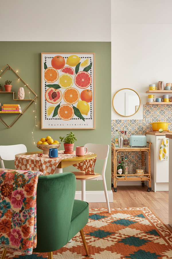 Vibrant Citrus Fruits Art Print shown framed in a modern room setting