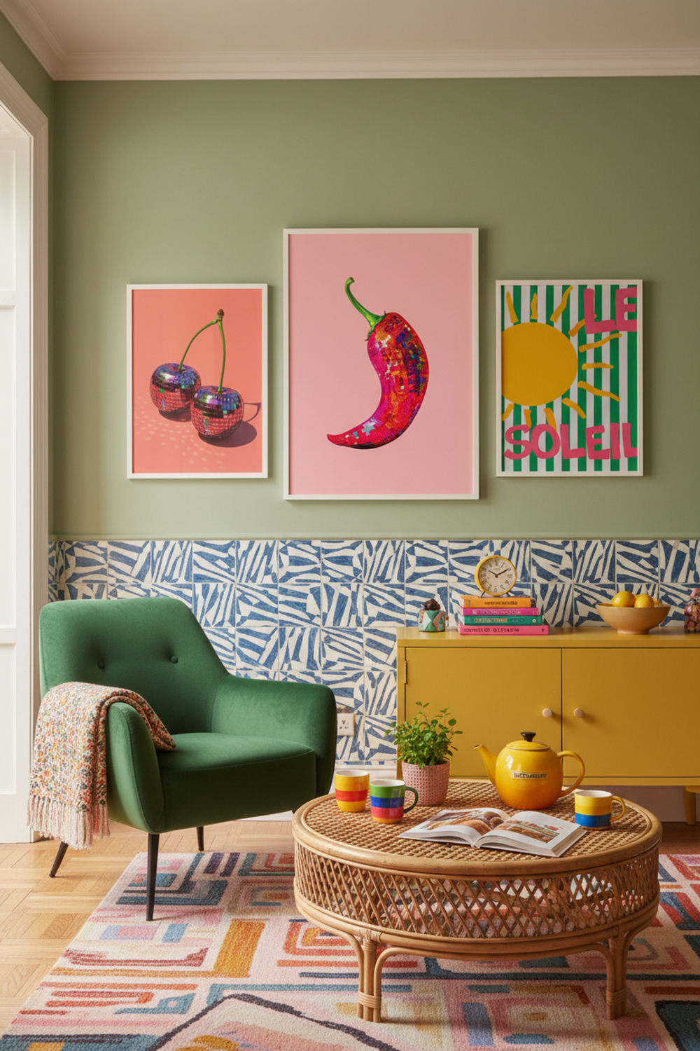 Vibrant Disco Chilli Art Print as part of a gallery wall arrangement