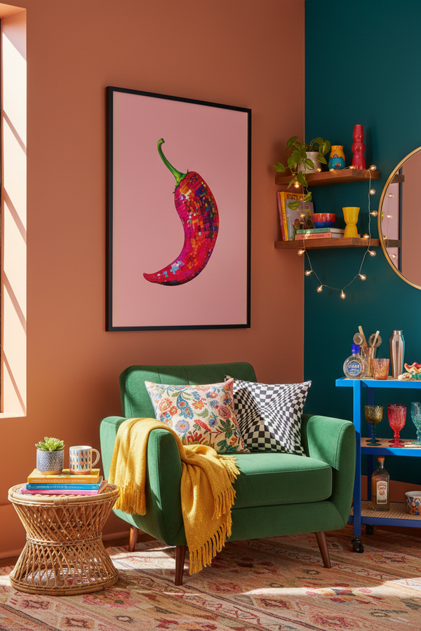Vibrant Disco Chilli Art Print shown framed in a modern room setting