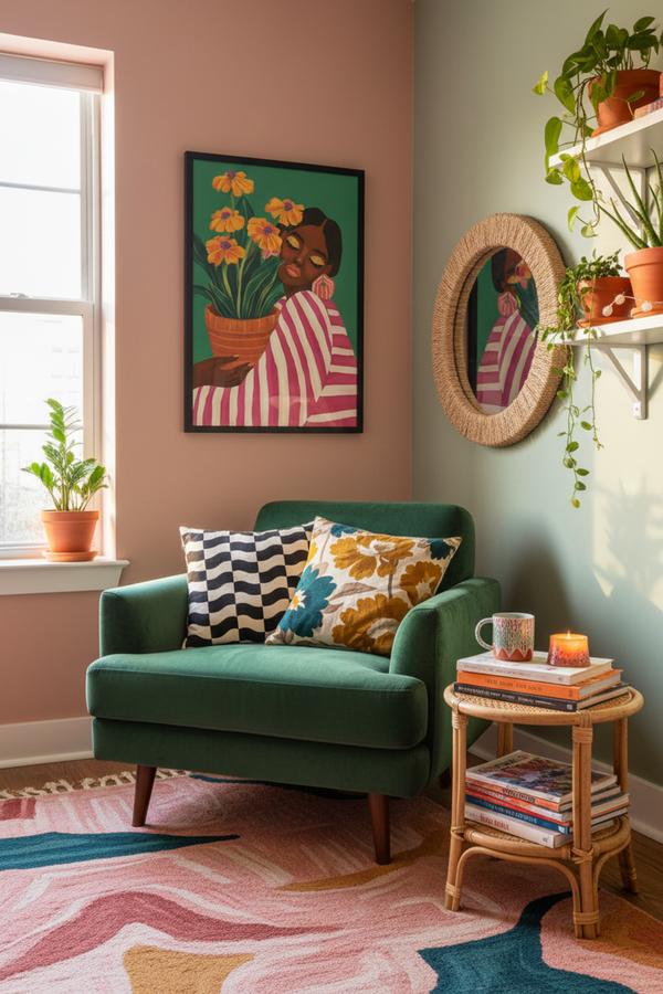 Vibrant Floral Portrait Art Print shown framed in a modern room setting