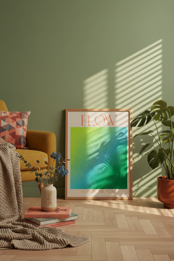 Vibrant Flow Typography Art Print shown framed in a modern room setting