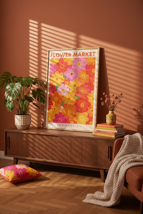 Vibrant Flower Market Art Print shown framed in a modern room setting