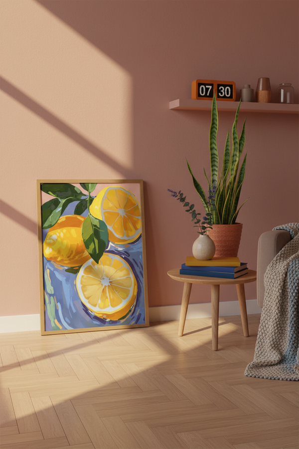 Vibrant Lemon Still Life Art Print shown framed in a modern room setting