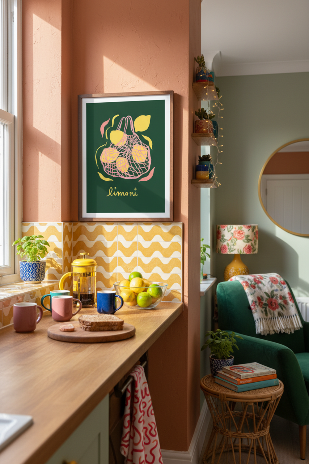 Vibrant Limoni Net Bag Art Print shown framed in a modern room setting