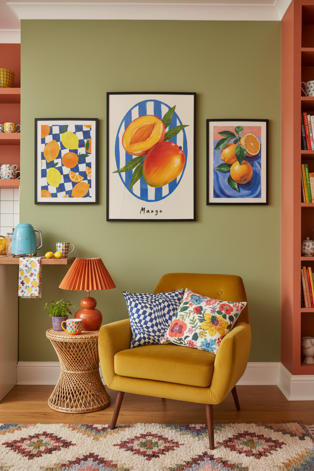 Vibrant Mango Fruit Art Print as part of a gallery wall arrangement