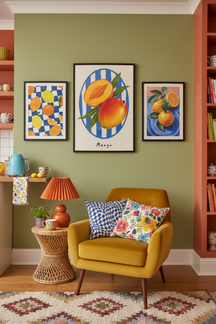 Vibrant Mango Fruit Art Print as part of a gallery wall arrangement