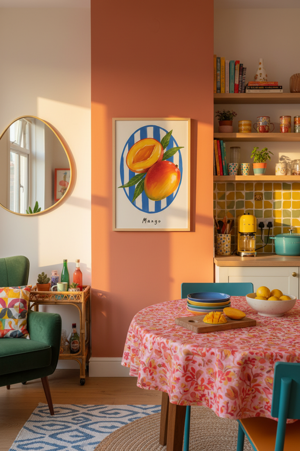 Vibrant Mango Fruit Art Print shown framed in a modern room setting