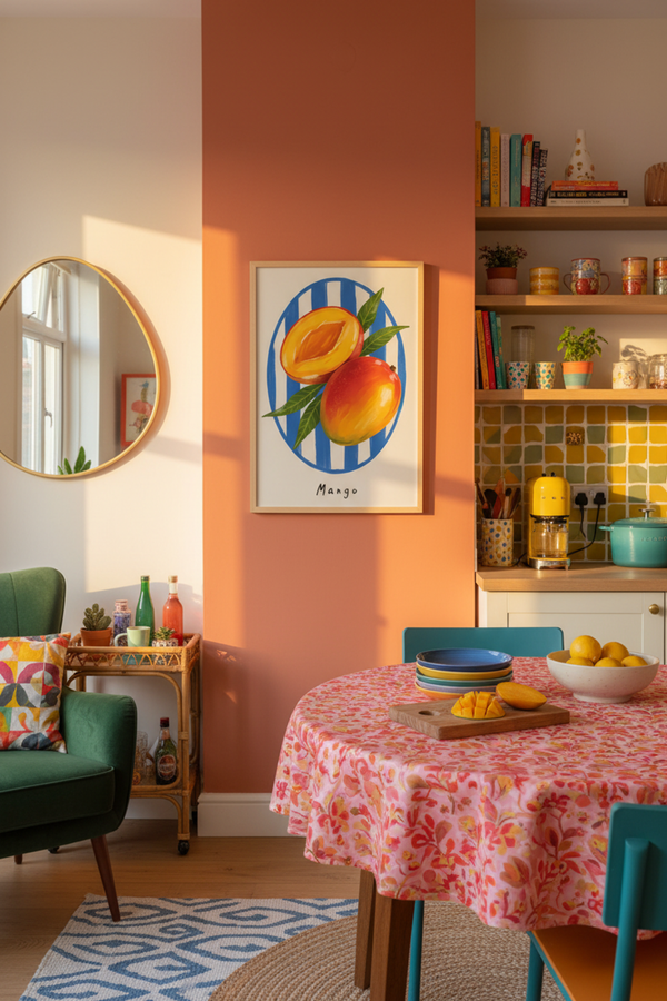 Vibrant Mango Fruit Art Print shown framed in a modern room setting