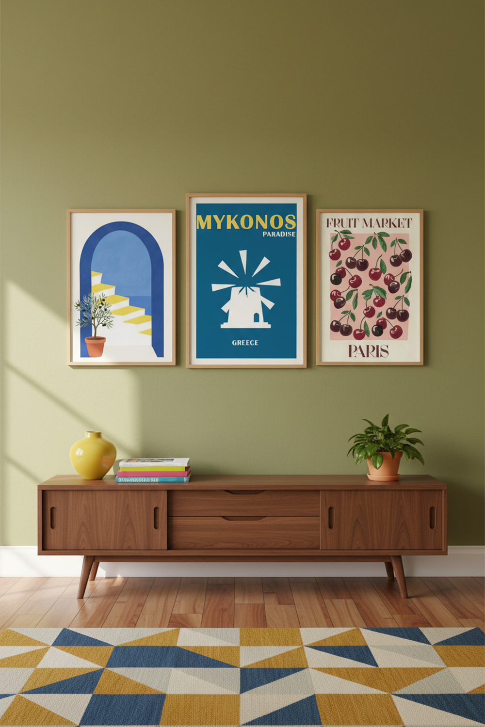Vibrant Mykonos Paradise Art Print as part of a gallery wall arrangement