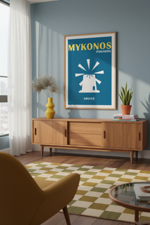 Vibrant Mykonos Paradise Art Print shown framed in a modern room setting