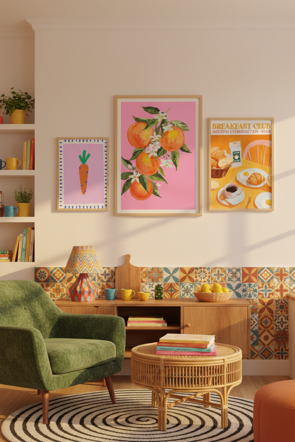 Vibrant Orange Blossom Art Print as part of a gallery wall arrangement