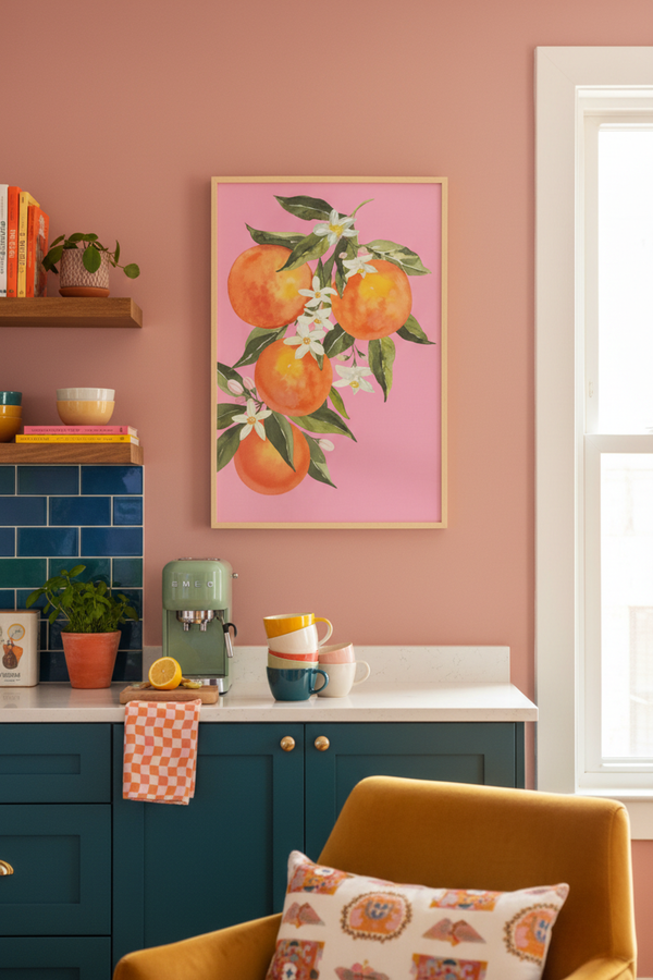 Vibrant Orange Blossom Art Print shown framed in a modern room setting