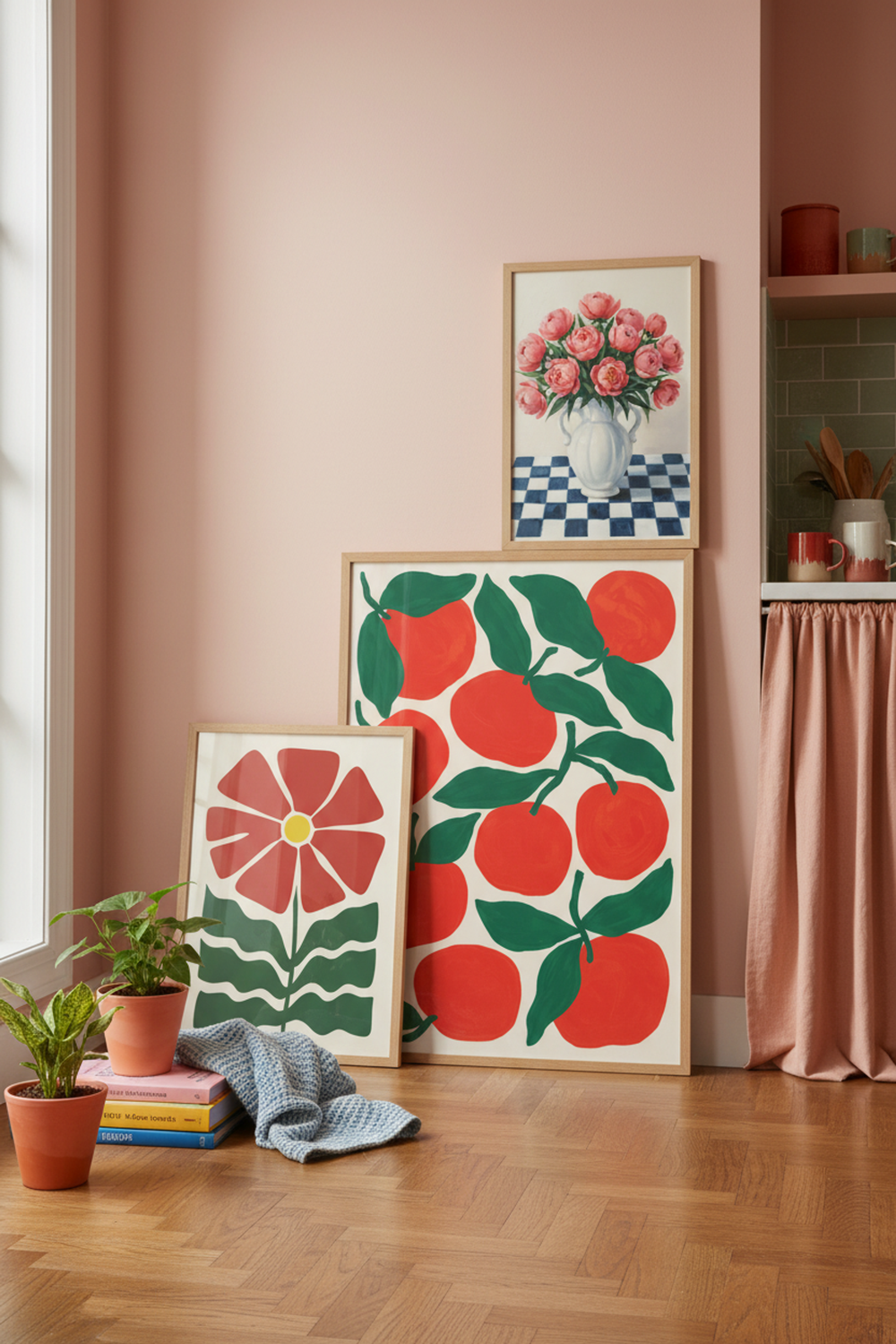 Vibrant Orange Grove Art Print as part of a gallery wall arrangement