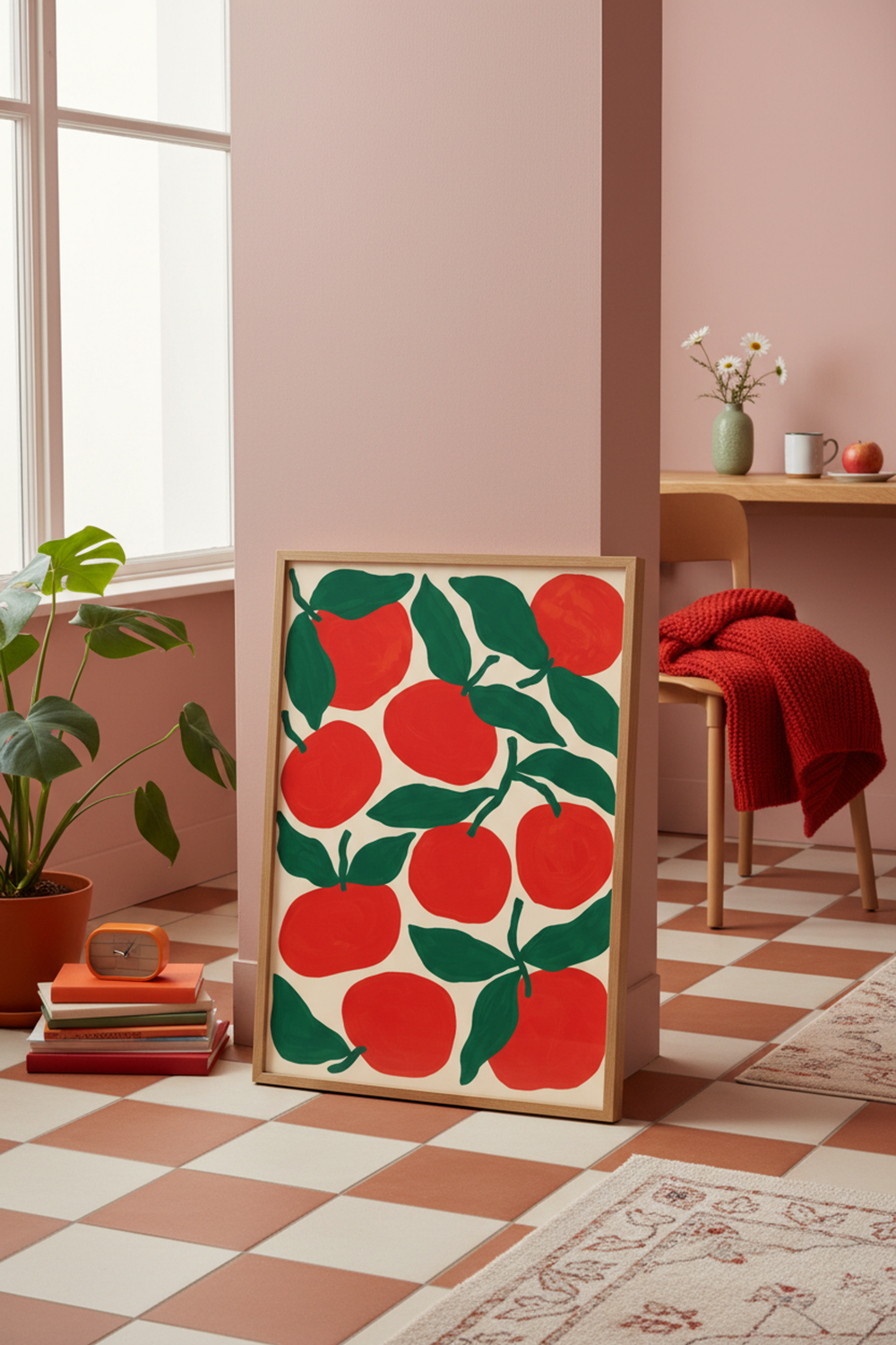 Vibrant Orange Grove Art Print shown framed in a modern room setting