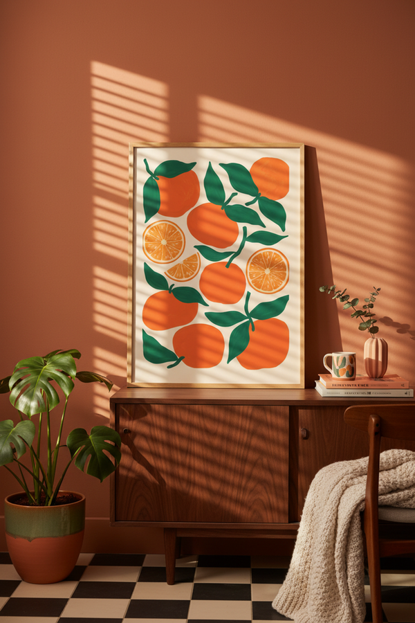 Vibrant Orange Grove Art Print shown framed in a modern room setting