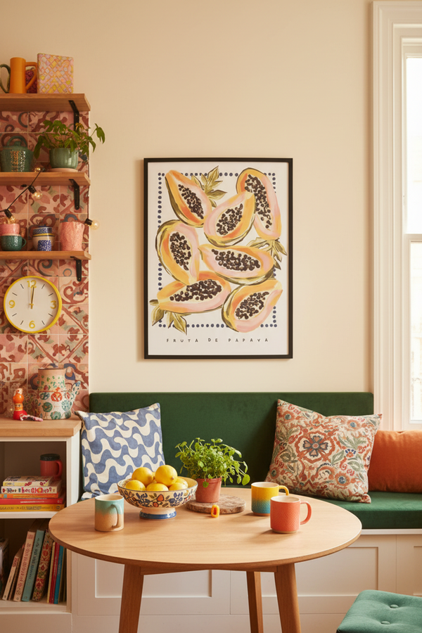 Vibrant Papaya Fruit Art Print shown framed in a modern room setting
