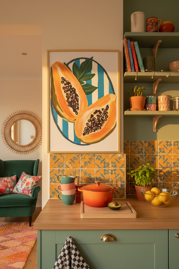 Vibrant Papaya Fruit Art Print shown framed in a modern room setting
