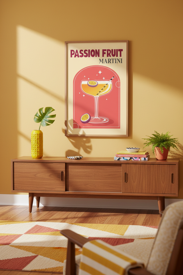 Vibrant Passion Fruit Martini Art Print shown framed in a modern room setting