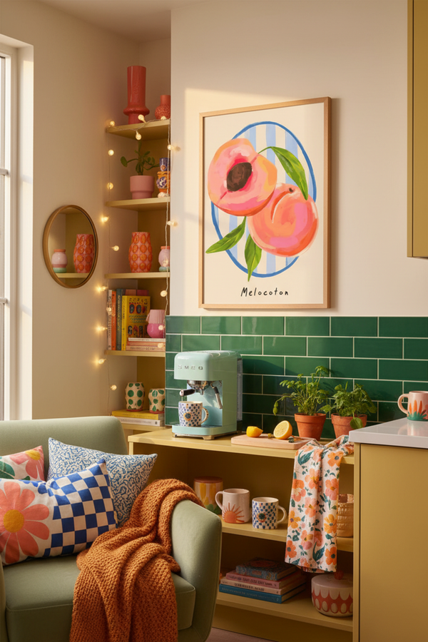 Vibrant Peach Illustration Art Print shown framed in a modern room setting