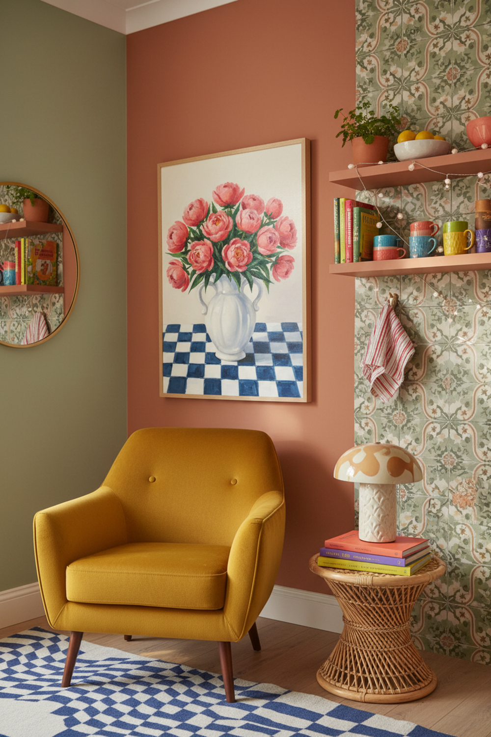 Vibrant Peony Still Life Art Print shown framed in a modern room setting
