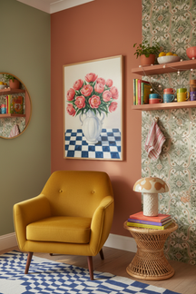 Vibrant Peony Still Life Art Print shown framed in a modern room setting