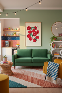 Vibrant Red Cherries Art Print shown framed in a modern room setting
