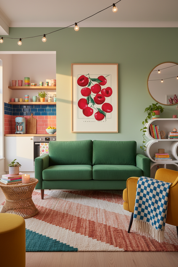 Vibrant Red Cherries Art Print shown framed in a modern room setting