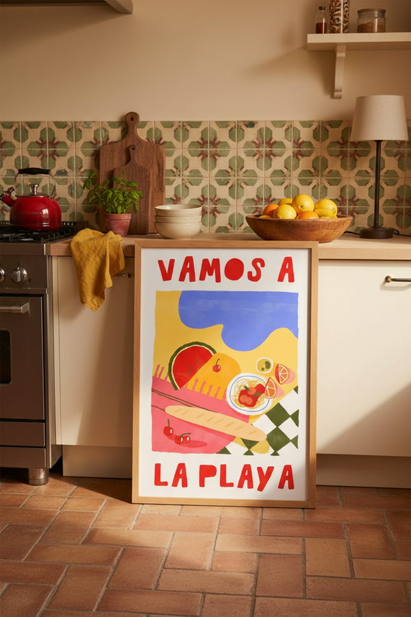 Vibrant Summer Picnic Art Print shown framed in a modern room setting