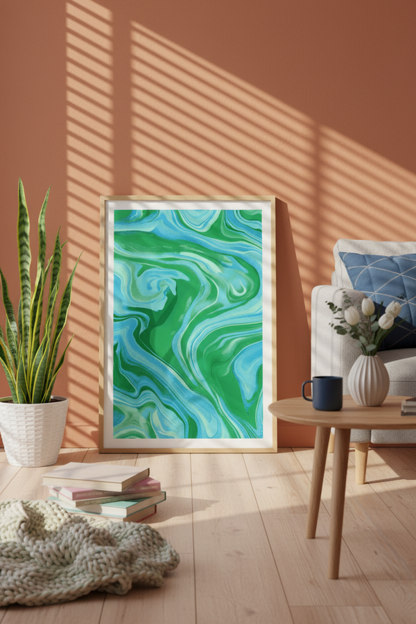 Vibrant Teal Marble Swirl Art Print shown framed in a modern room setting