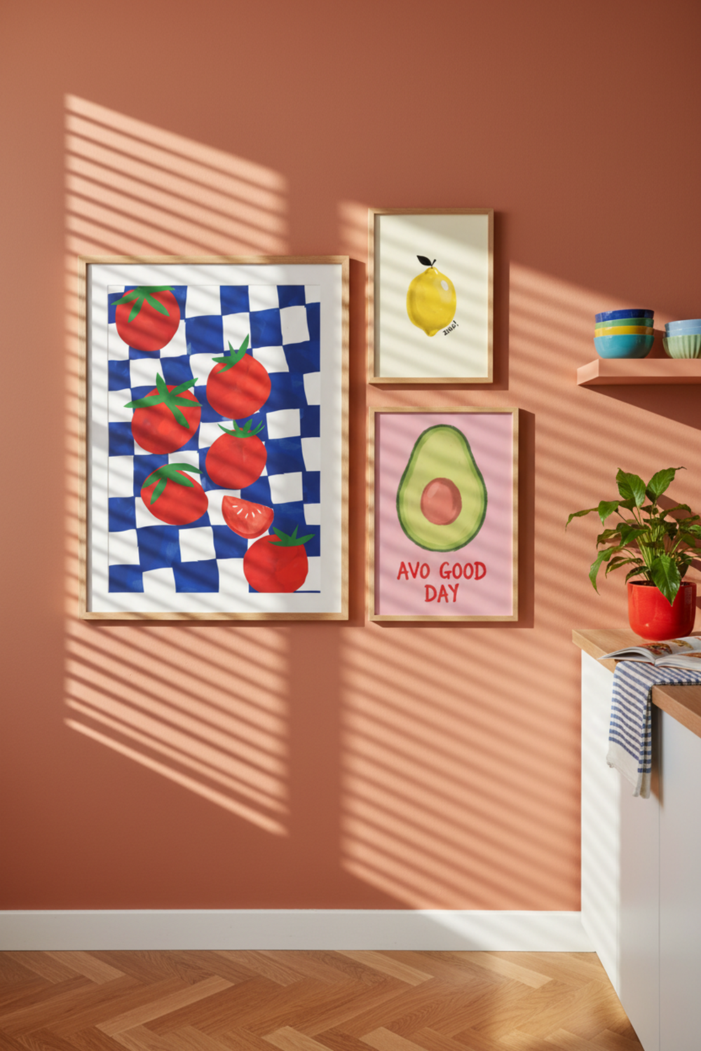 Vibrant Tomato Picnic Art Print as part of a gallery wall arrangement