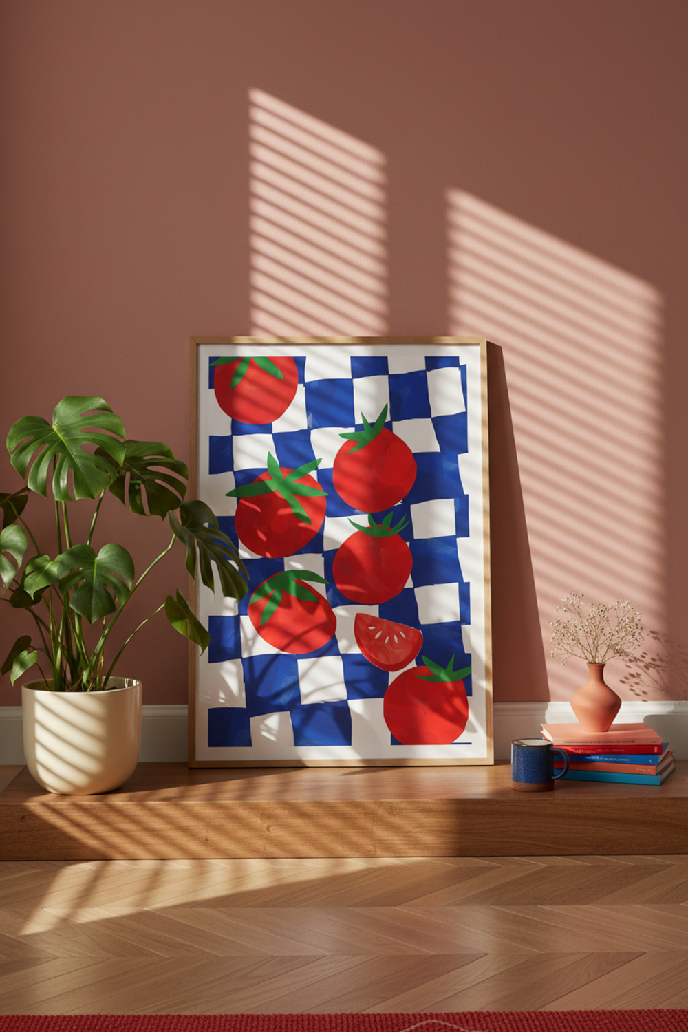 Vibrant Tomato Picnic Art Print shown framed in a modern room setting