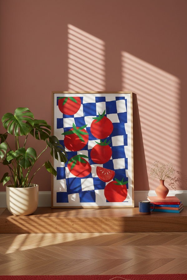 Vibrant Tomato Picnic Art Print shown framed in a modern room setting