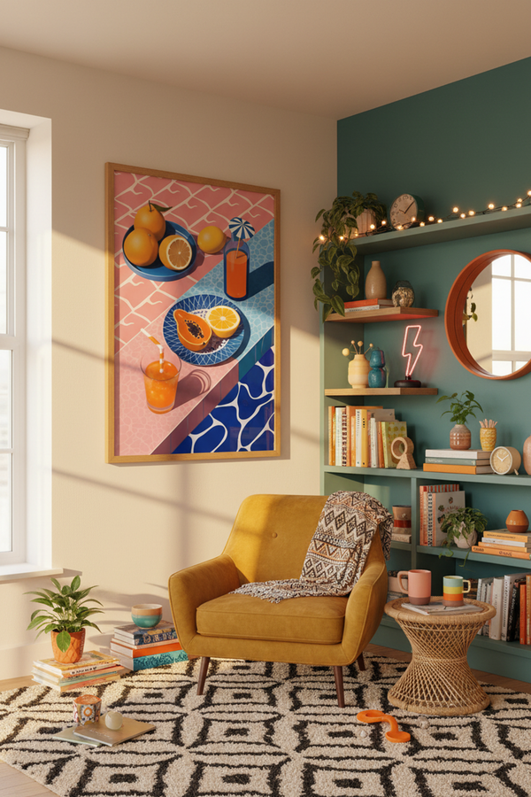 Vibrant Tropical Fruit Art Print shown framed in a modern room setting