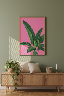 Vibrant Tropical Leaves Art Print shown framed in a modern room setting