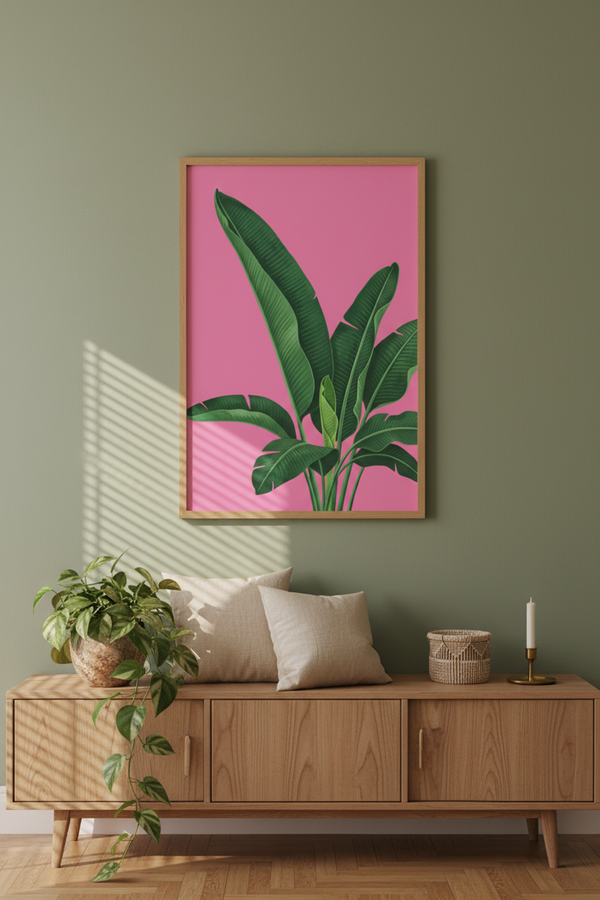 Vibrant Tropical Leaves Art Print shown framed in a modern room setting