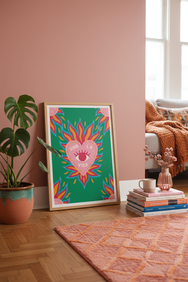 Vibrant Viva La Vida Heart Art Print shown framed in a modern room setting
