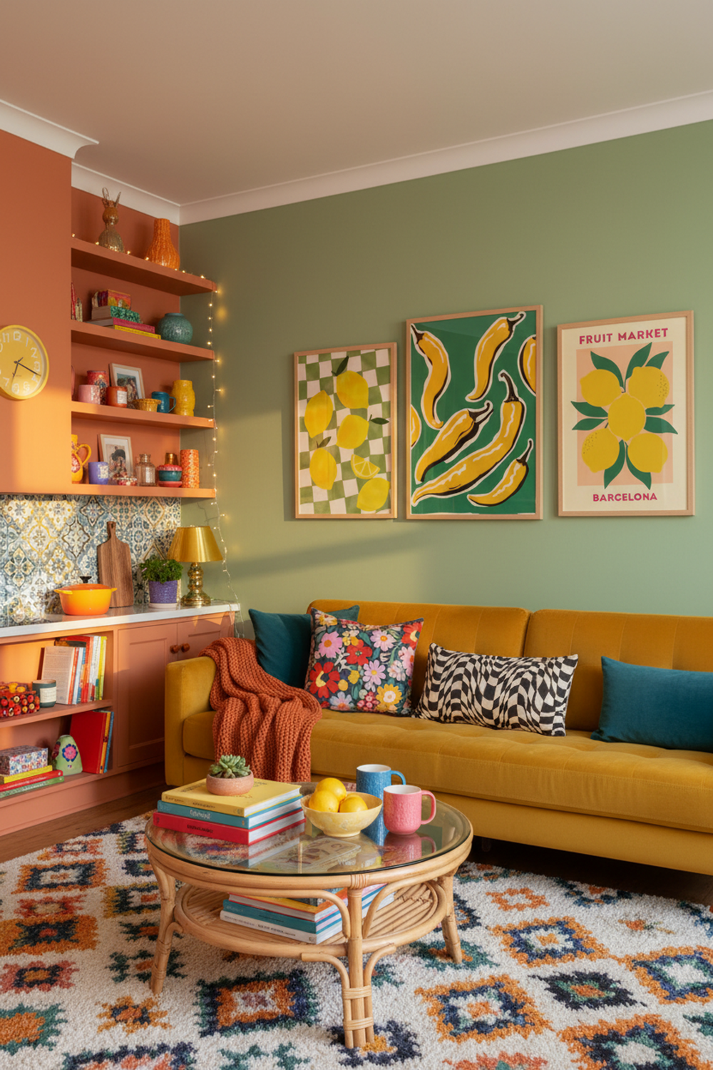 Vibrant Yellow Chilli Art Print as part of a gallery wall arrangement