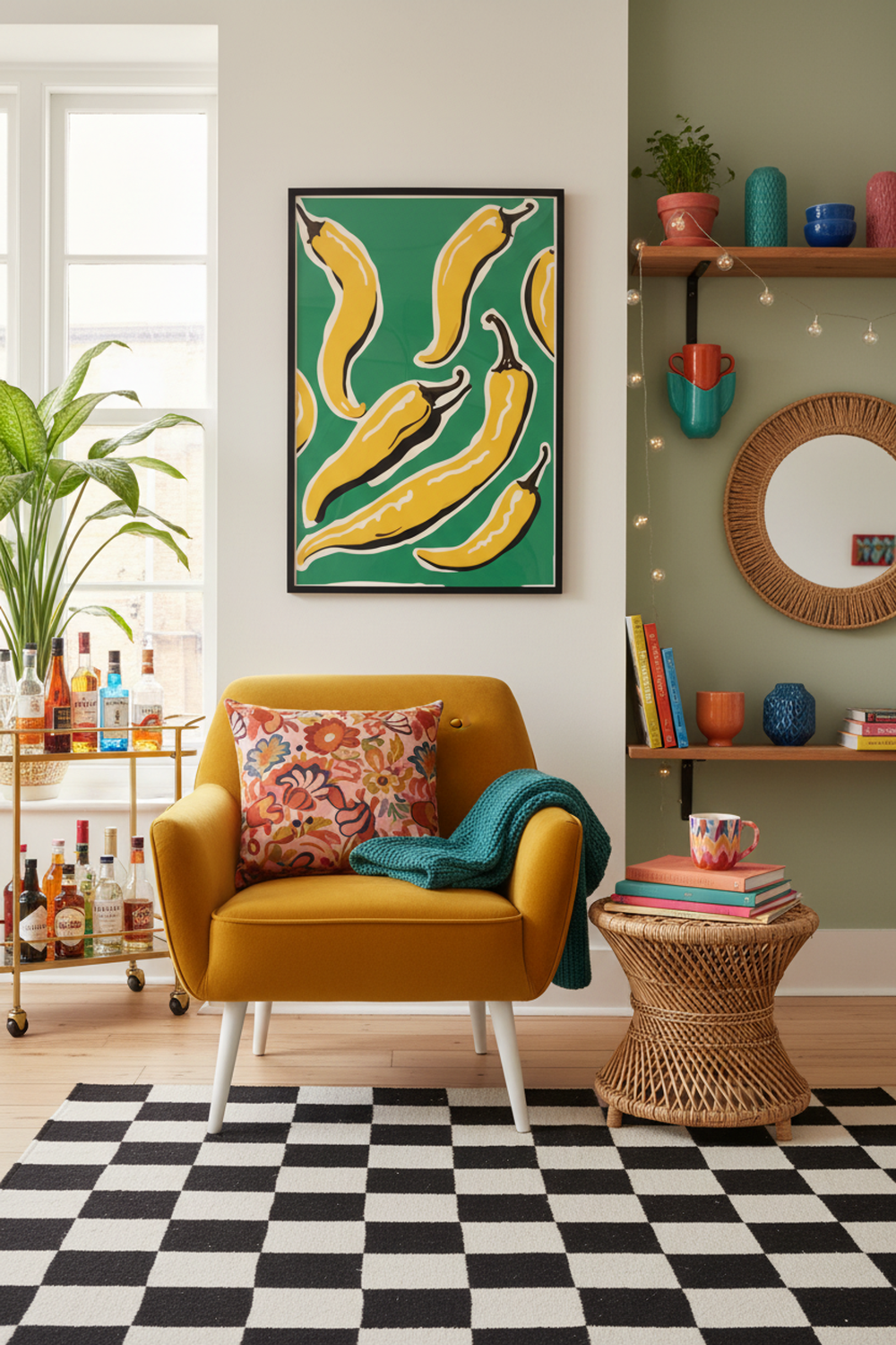 Vibrant Yellow Chilli Art Print shown framed in a modern room setting