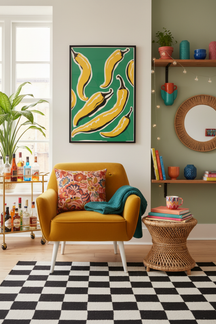 Vibrant Yellow Chilli Art Print shown framed in a modern room setting
